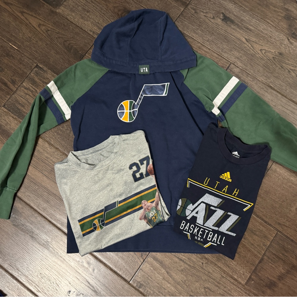Youth large Utah Jazz sweatshirt and two t-shirts